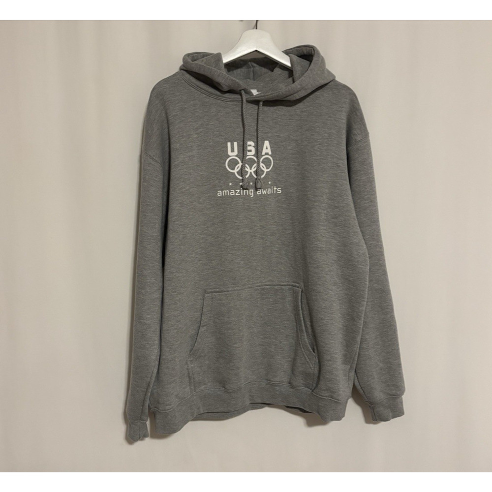 USA Olympic Hoodie Large Mens Gray Sweatshirt Pockets Amazing Awaits